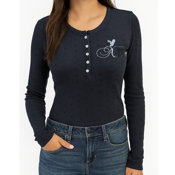 Y2K American Eagle Waffle Knit Henley Top Embroidered Polka Dot Bella Swan Sz S - Picture 1 of 11